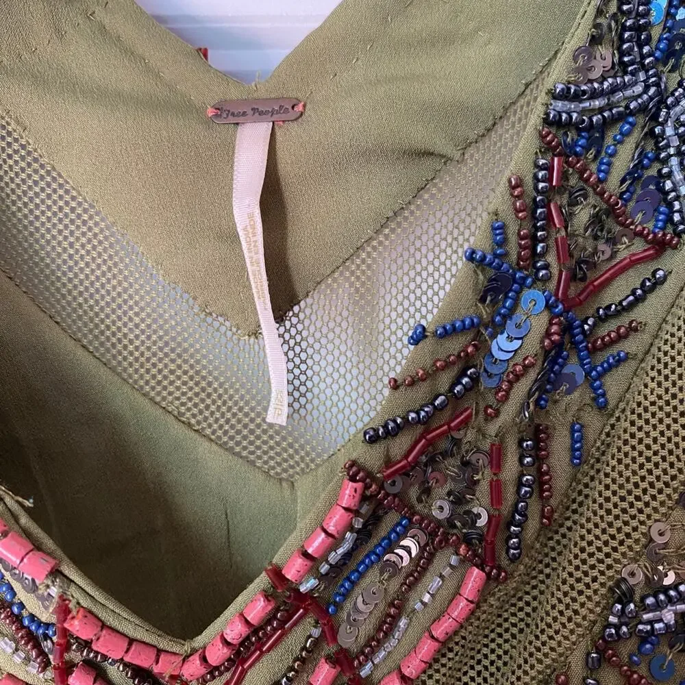 Free People Olive Green Chiffon Mini Dress Size XS Beaded V-Neck Collar